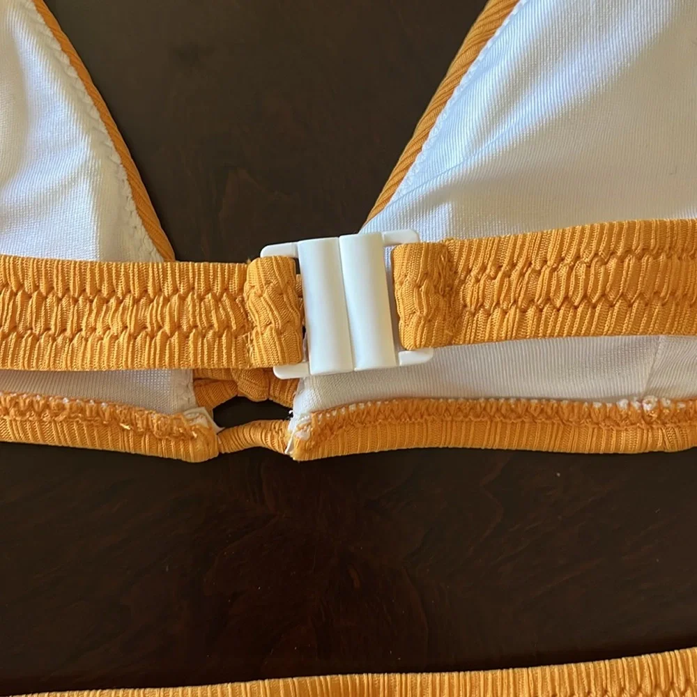Marigold Yellow Ribbed Triangle Bikini Set Center Ladder Detail Cheeky Small - Picture 8 of 14